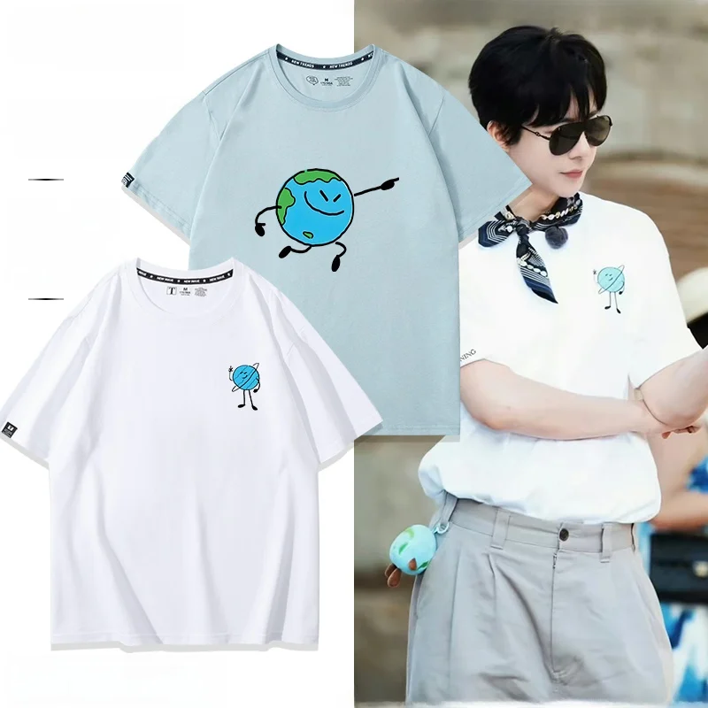Earth's Super  Liu Yuning Print Short Sleeve Cartoon Pure Cotton T-Shirt Loose Fit Unisex Half Sleeve Casual Style