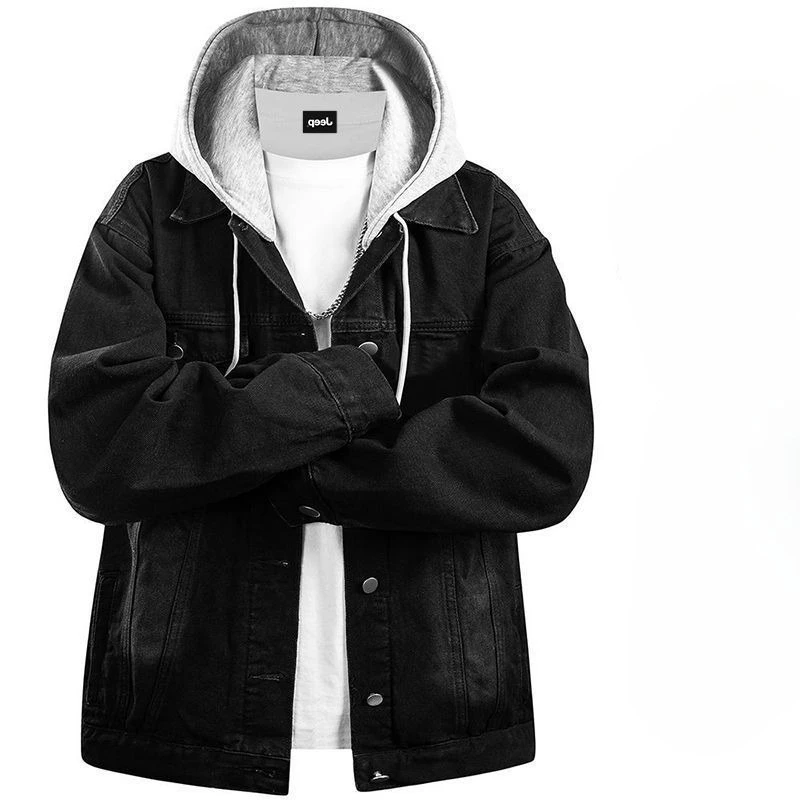 Immagine 5: Giacca di jeans con cappuccio da uomo, primavera autunno 2026, cappotto casual ampio effetto due pezzi, versatile streetwear, giacca trucker da uomo