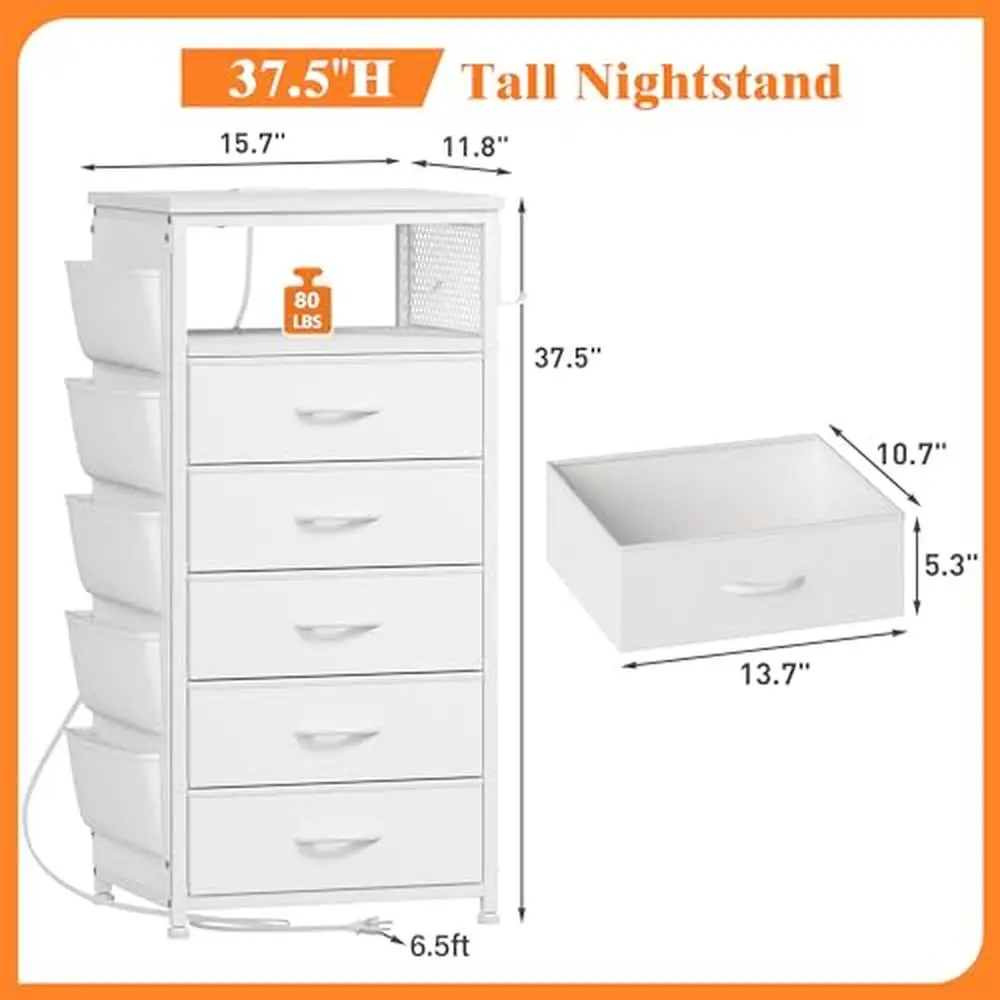 Nightstand Set 2 with Charging Station LED Lights Fabric Drawers USB Ports Outlets White 37.5