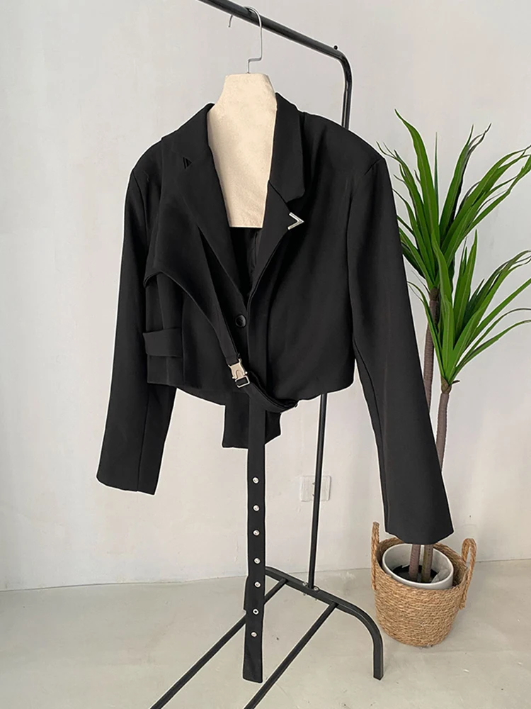 [EAM]  Women Black Irregular Ribbon Short Big Size Blazer New Lapel Long Sleeve Jacket Fashion Tide Spring Autumn 2024 1DF0335