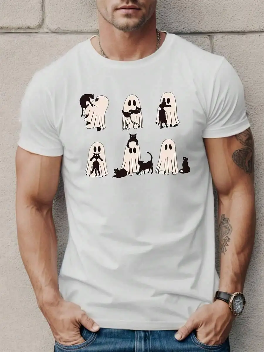 Stylish Men's-Shirt - Ghost And Black Print, Comfortable Short Sleeve Tee Everyday Fashion With Eye-Catching Designs 100% Cotton
