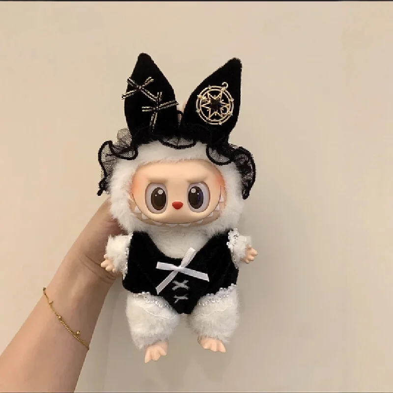

Doll Clothes For Labubu Universal Standing Outfit Sexy Black Cat Ear Lace Design Fit Macaron Vinyl Labubu Generation 1 2 3