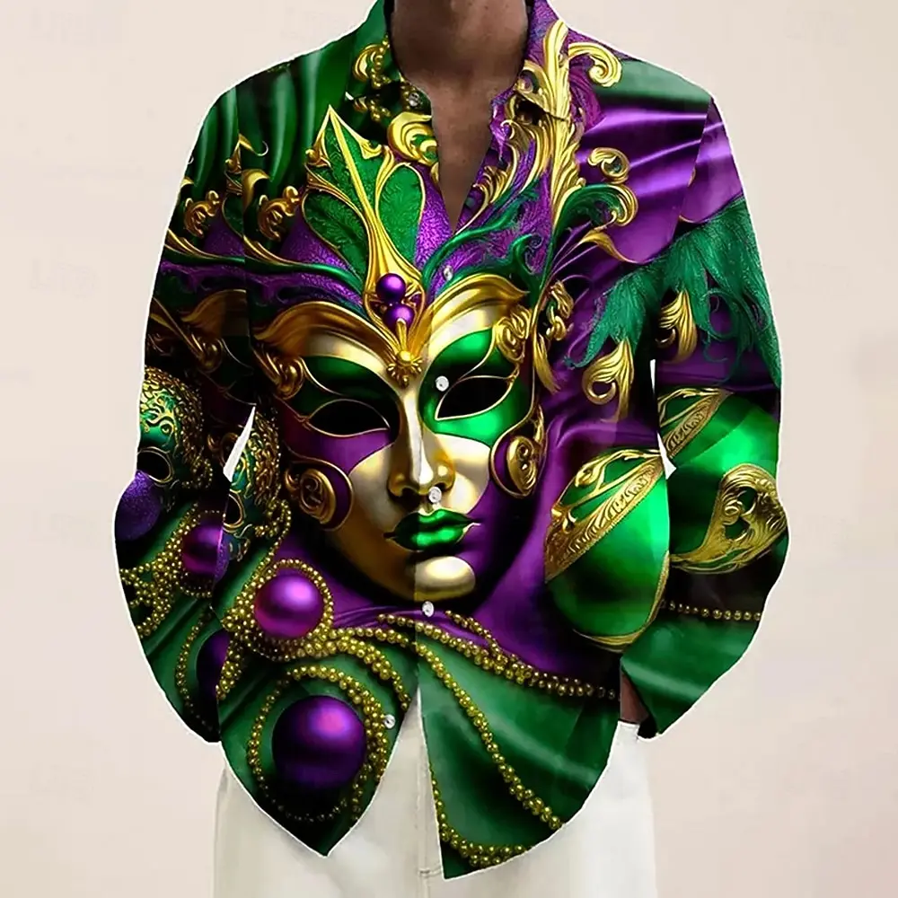 

Мужская маска Марди Гра, карнавальная рубашка с бусинами, рубашка на пуговицах, модная повседневная рубашка с длинным рукавом для вечеринки, праздника, рубашки с воротником с 3D принтом