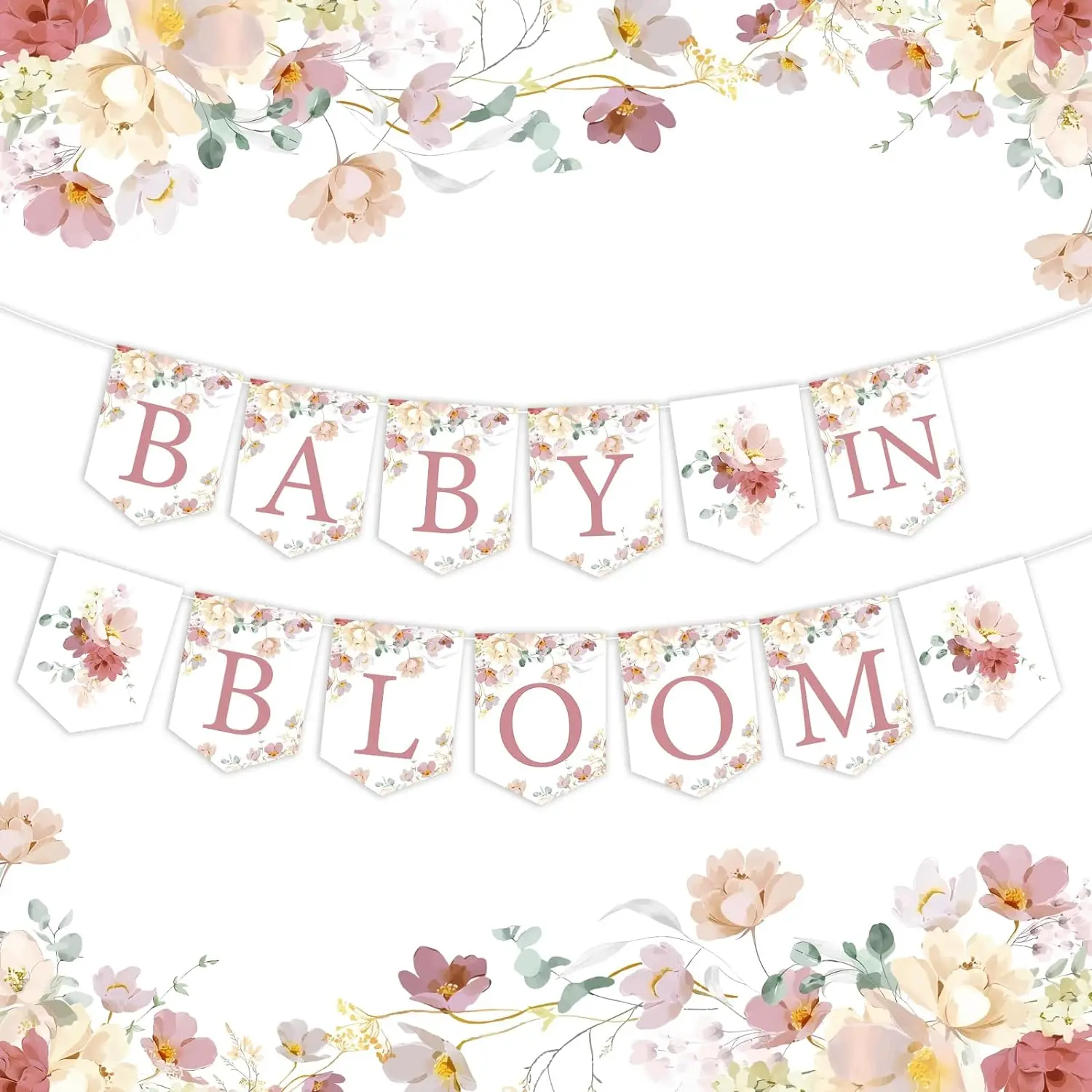 Floral Baby in Bloom Baby Shower Decor Banner, Pre-Strung Wildflowers Boho Gender Reveal Birthday Party Supplies