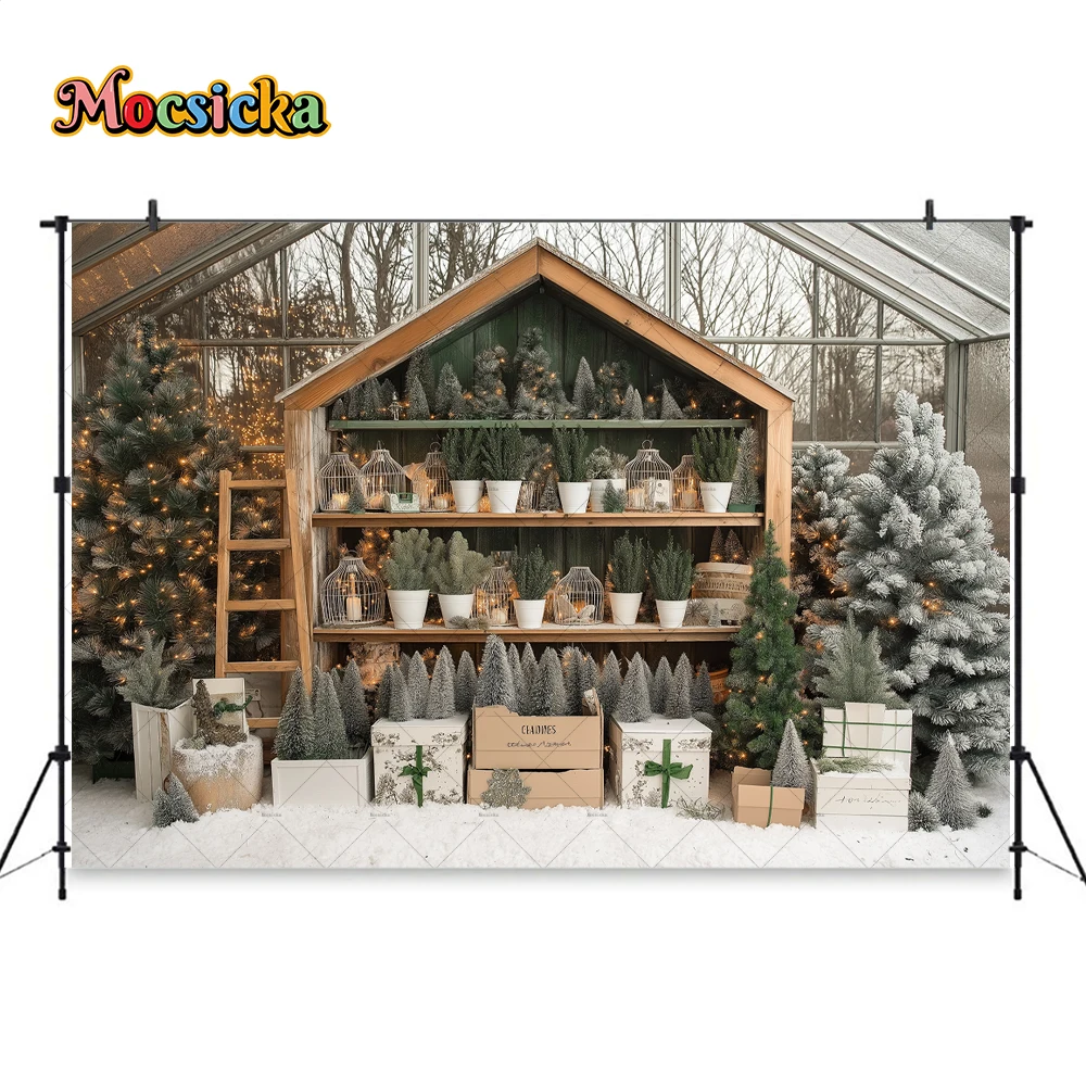 Christmas Tree Greenhouse Background Photography Winter Snowy Potted Plant Wooden Shelf Backdrop Kids New Year Photo Studio