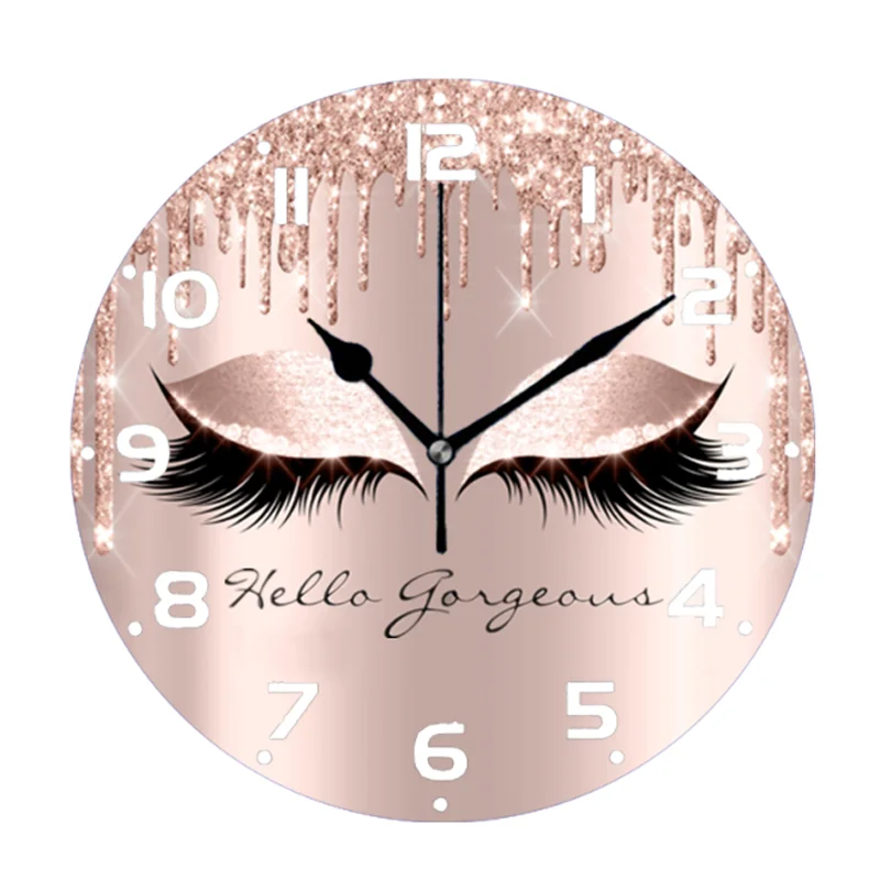 Luxury Rose Gold Glitter Eyelash Beauty Salon Wall Clock Makeup Artist Decorative Eye Lashes Sparkle Wall Watch Gift Home Decor