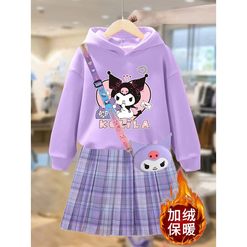 Kuromi Anime Kawaii Sanrio Ins Fashion Jk Dress Shirt Cute Cartoon Children Long Sleeve Hoodie Thick Warm Clothing Kids Gifts