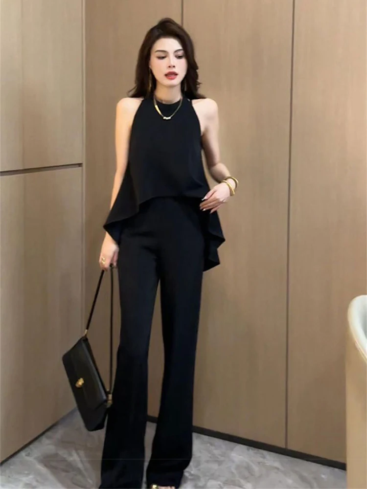 Fashion Casual Two Piece Pant Set For Women Sleeveless Sexy Vest Top + High Waist  Wide Leg Pants Suits Summer 2 Piece Outfit