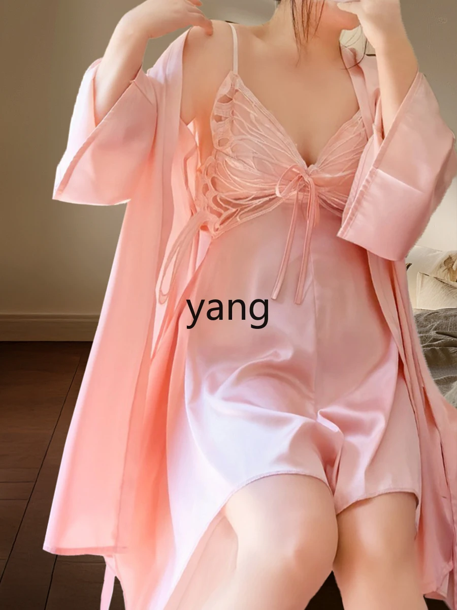 LMM fat mm large size sexy pajamas chest pad butterfly suspender nightdress long sleeve ice silk suit spring and summer