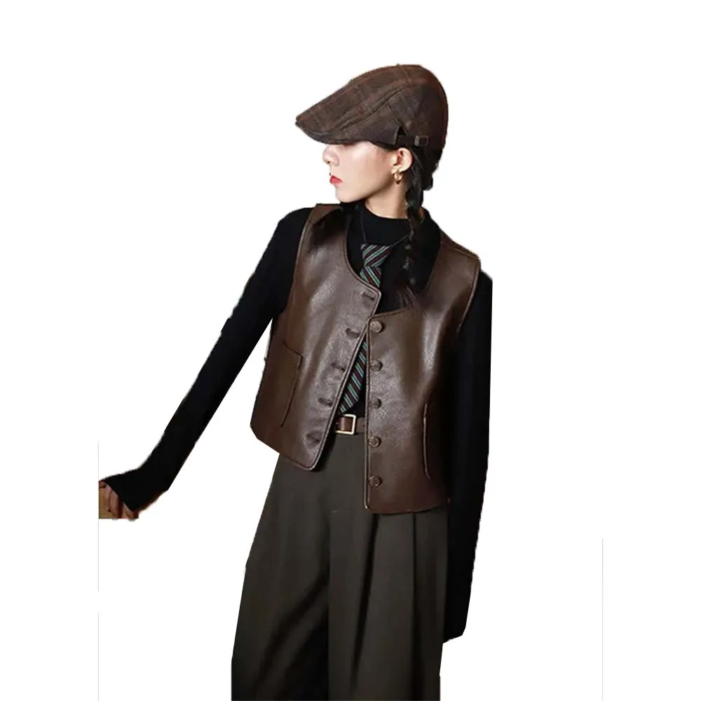 سترة جلدية المرأة الخريف جديد الرجعية التصميم البريطاني المتخصصة جولة الرقبة سترة قصيرة سترة الكتف سترة جلدية البني XQ149