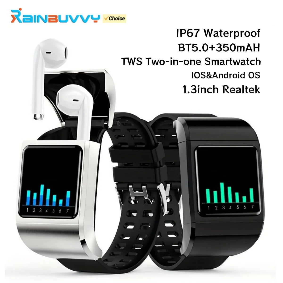 Rainbuvvy G36 Pro TWS Smartwatch 1.3inch Realtek 240x240 BT5.0 IP67 Life Waterproof 350mAh Two-in-one Android Sports Watch