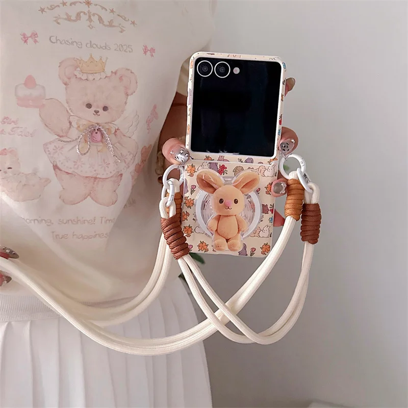 

Fashion Cute Flower Rabbit Magnetic Phone Case For Samsung Z Flip 7 6 5 ZFlip6 ZFlip5 Back Cover with Stand Lanyard Strap Cases