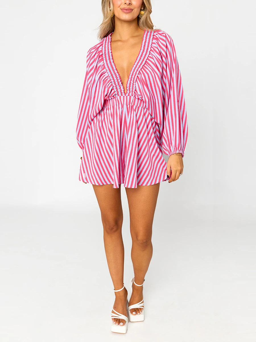 Nowy Modny Damski Letni Krótki Kombinezon Boho Długi Rękaw Głęboki Dekolt V Paski Kwiatowy Wzór Kombinezon Wyprzedaż S M L