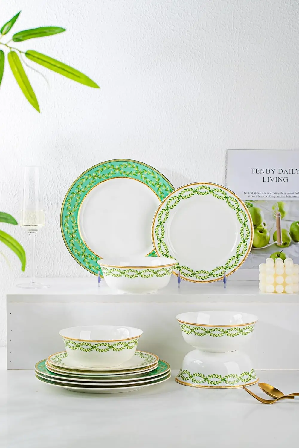 

High Bone China Dinnerware Set, 12-Piece Artistic Green Plates and Bowls, Lightweight & Chip Resistant Ceramic Service f