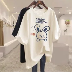 Summer Fashion Rabbit Letter Printing T-shirts Women Clothing Pure Cotton O-neck Short Sleeve Basic Tee Loose Pullover 45-105Kg
