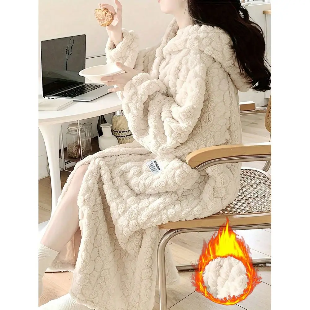 

SleepwearWomens Solid Color Wool Jacquard Casual Robe, Autumn Winter Warm Thermal Lined Hooded Loose Long Sleeve Flannel Bathro