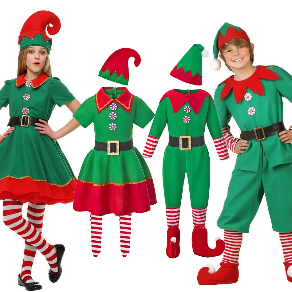 Kids Elf Christmas Clothing Set Kids Tops Pants Hat Belt Children Xmas Clothes Baby Boy Girl Birthday Outfit Elves Costume