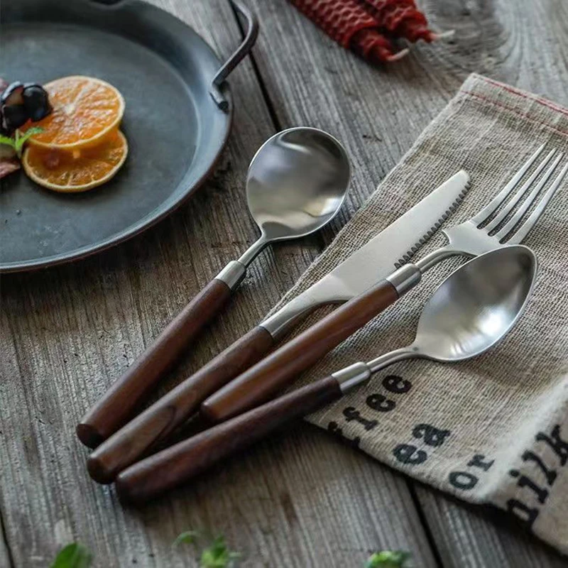 Walnut Wood 304 Stainless Steel Light Luxury Steak Knife Fork Western Restaurant Spoon Tableware Set Upscale Sanding Cutlery Set