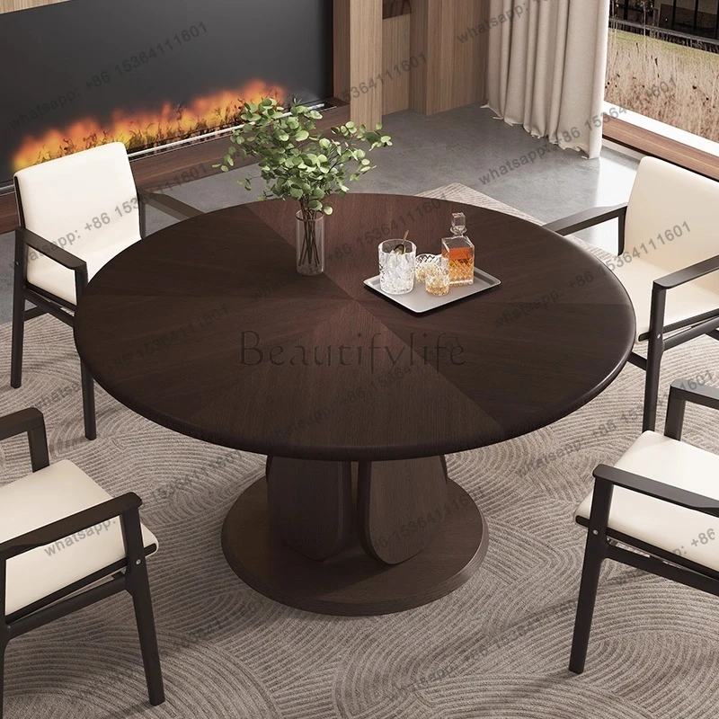 

Designer high-end round dining table Italian minimalist smoked oak with rock slab turntable light luxury modern simple home