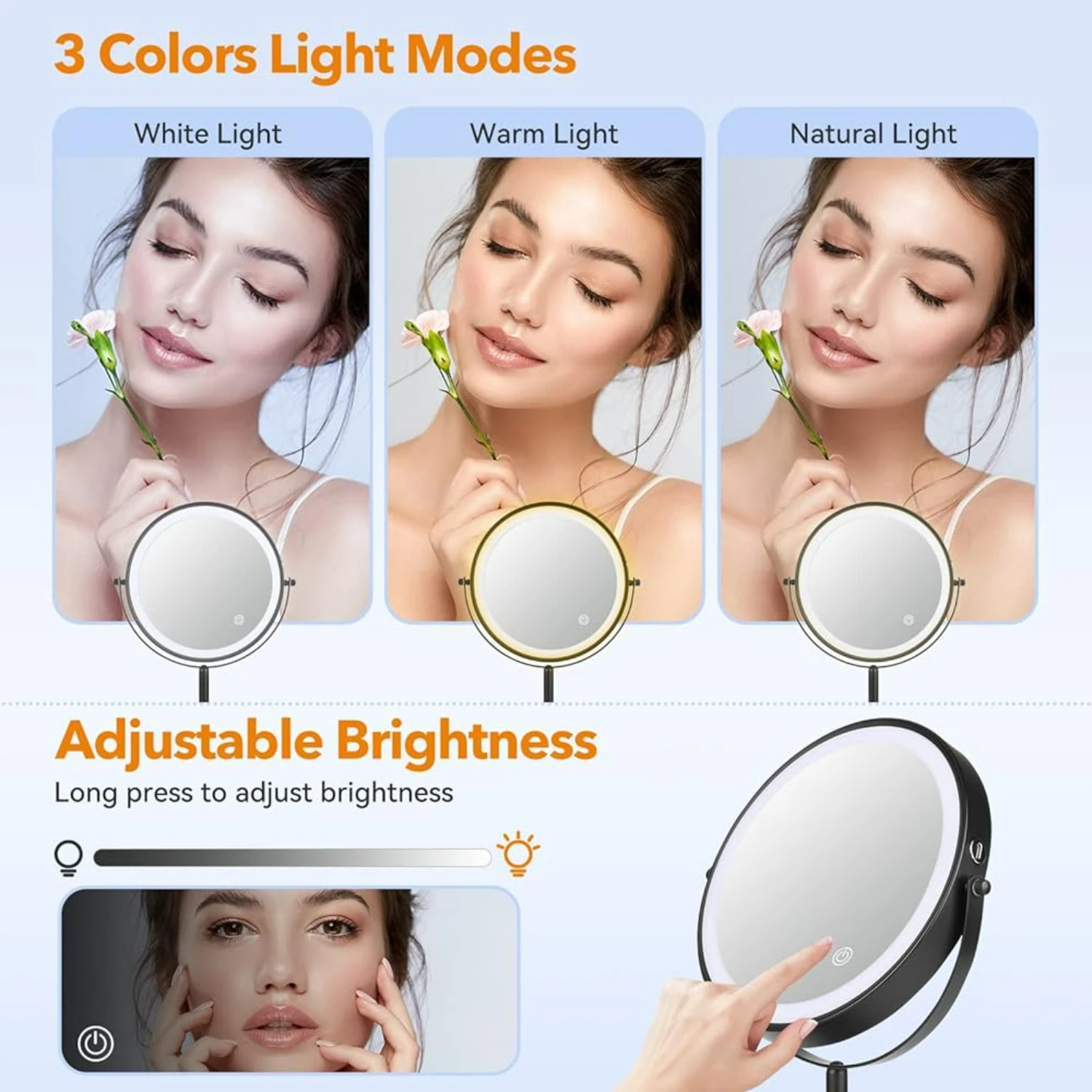 Adjustable Brightness Smart Touch 8 Inch Rechargeable Desktop Vanity Mirror with Lights, Double Sided 1X/10X Magnifying Makeup M