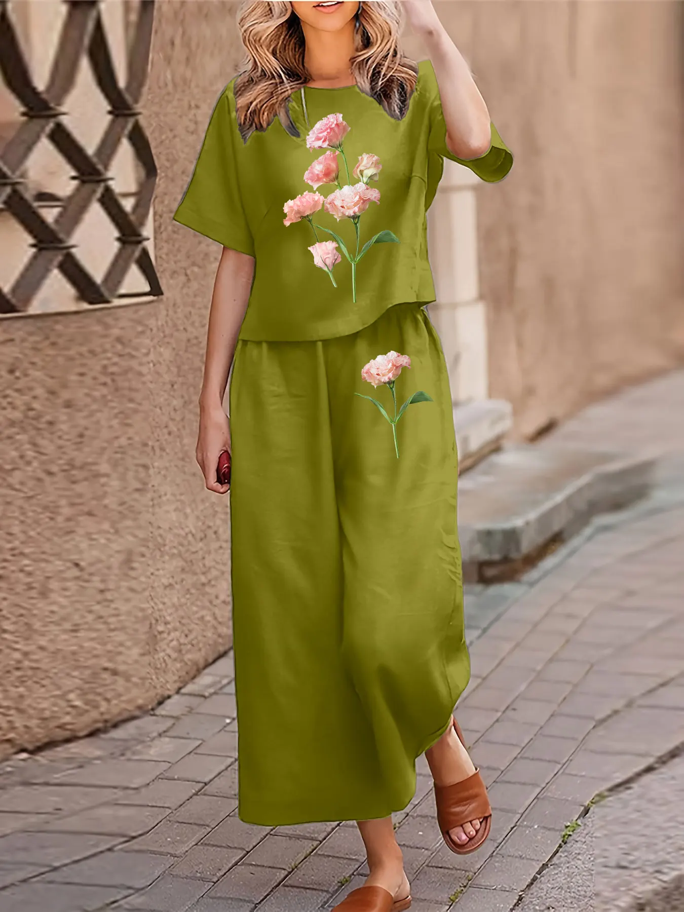 Conjunto informal de dos piezas de talla grande para mujer, traje estampado, camiseta de manga corta, pantalones, conjunto de dos piezas con cuello redondo holgado