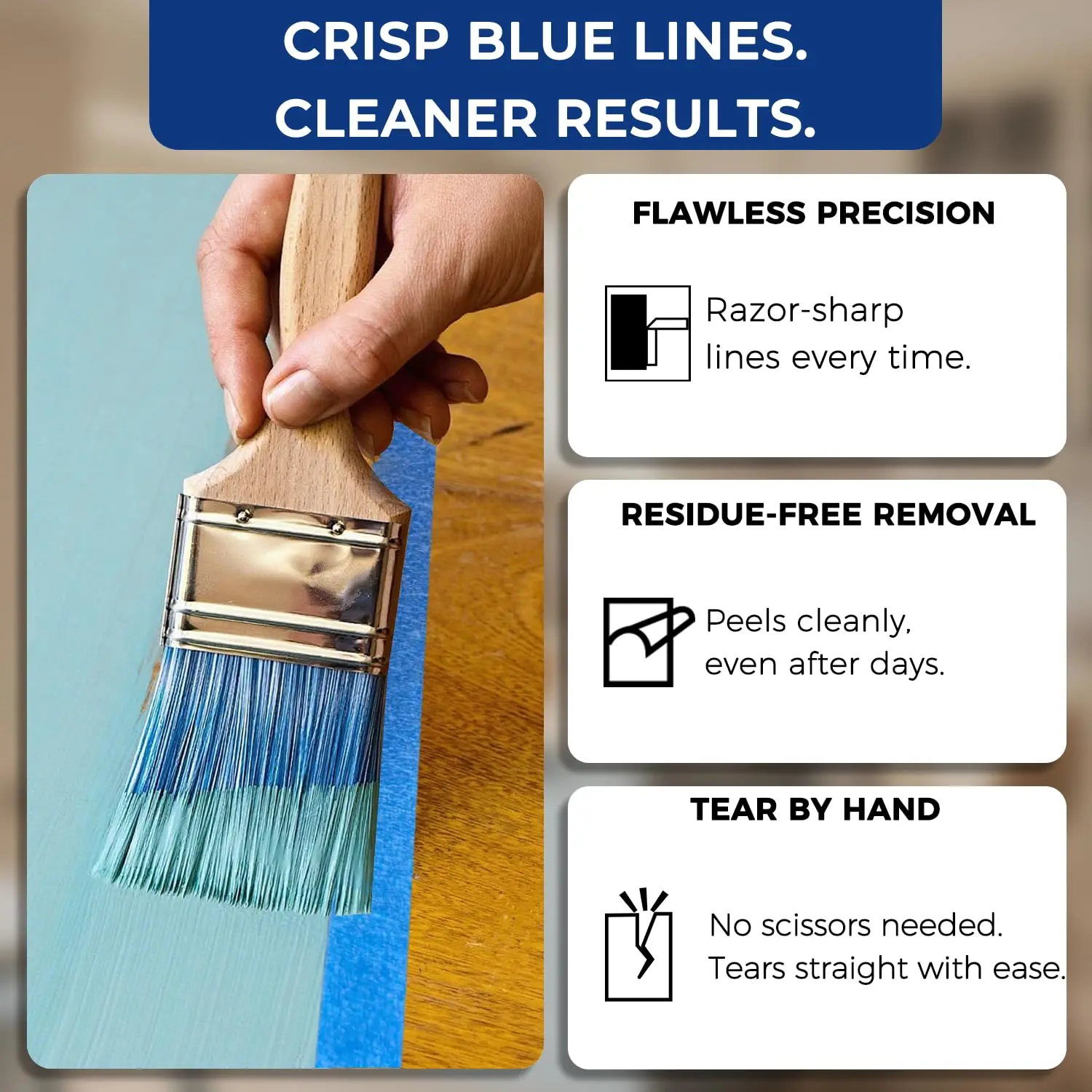 Blue Painters Tape - Upgraded Adhesive Masking Tape, Paint Tape, Multi-Surface Blue Tape for Painting, No Residue, Easy Removal