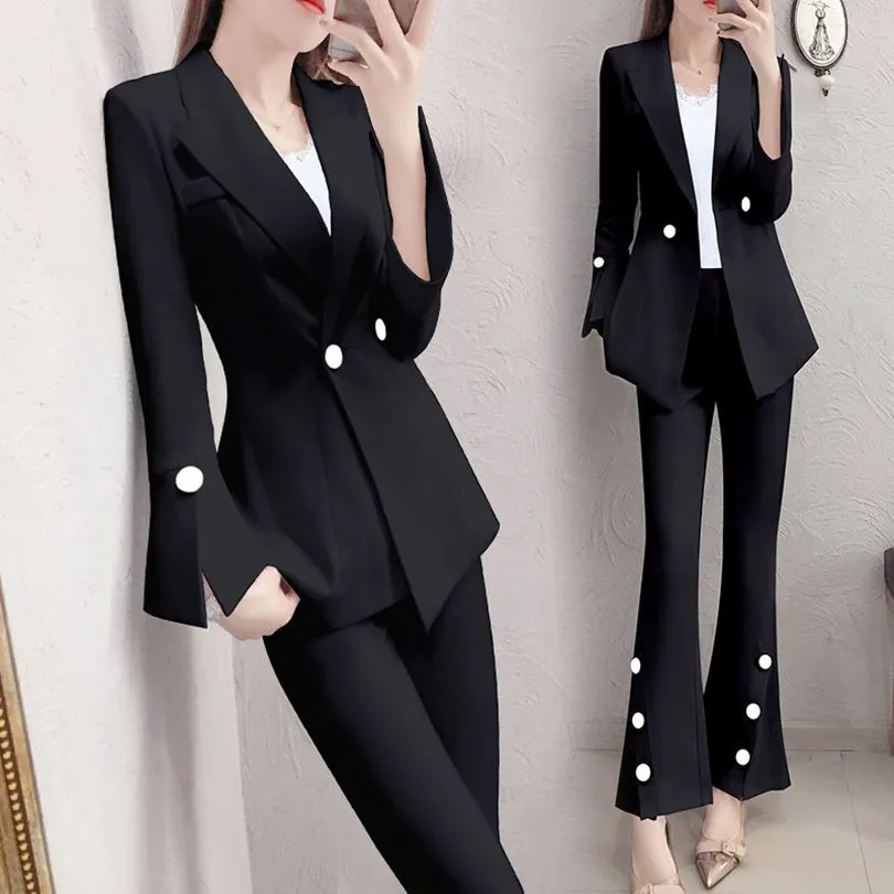 Spring New Korean Fashion Slim Fit Jacket Coat Fashion Flare Trousers Two Piece Elegant Women\'s Pants Suit Blazer Outfits