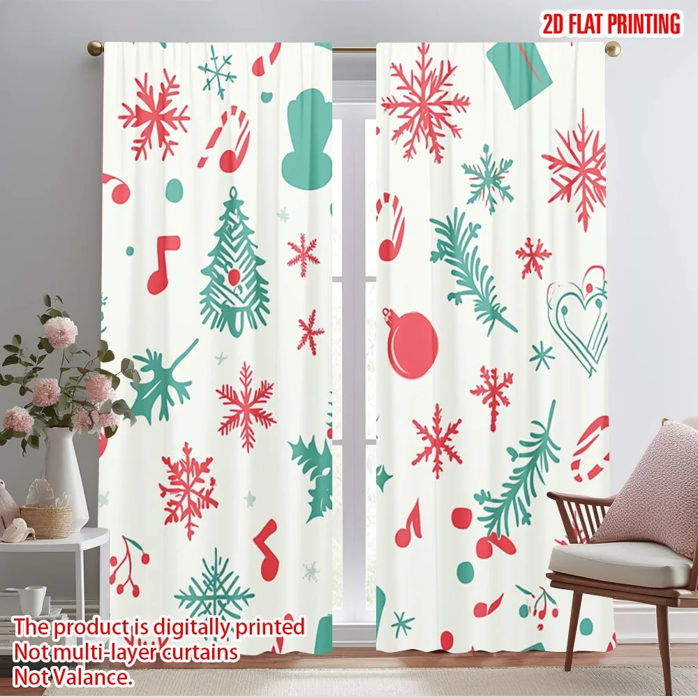 2pcs,2D plane printing Curtain Popular Christmas Bell Snowflake Holly Tree Polyester Easy Install (without rod) Holiday Ldeal