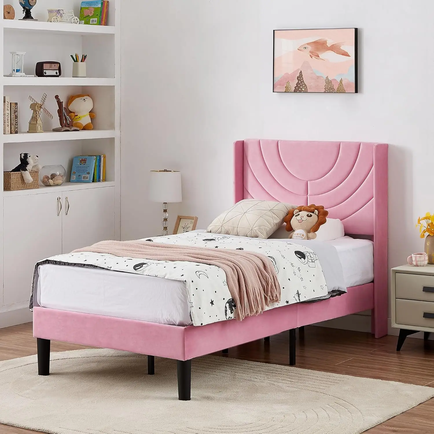 Twin gestoffeerd platformbedframe met stoffen hoofdeinde, houten lattenbodem/geen boxspring nodig/matrasfundering voor meisjes