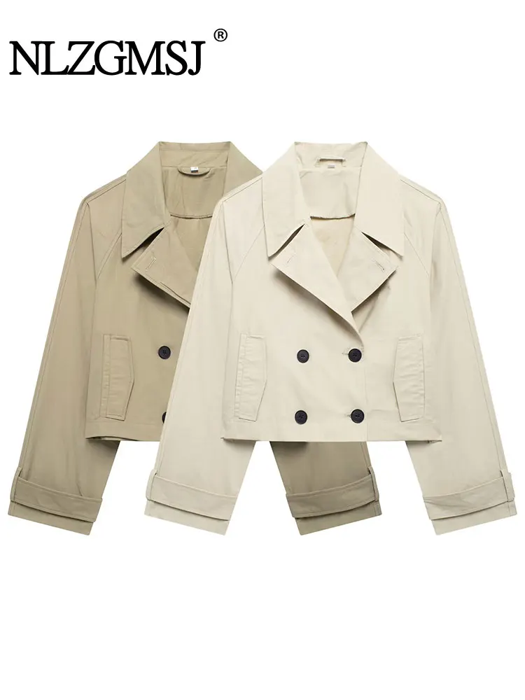 

TRAF 2024 Autumn Female Elegant Solid Short Trench Coats Long Sleeves Double Breasted Lapel Jackets Women's Street Chic Coat