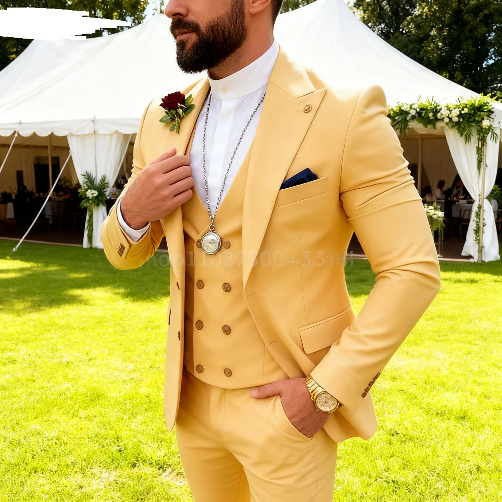 

3PCS Men's Tuxedo Suits Set with Peak Lapel Blazer Double Breasted Vest And Pants Casual Wedding Business Attire