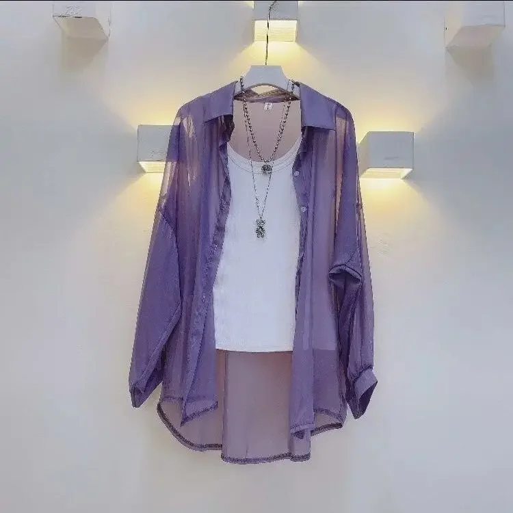 Shiny Pearlescent Chiffon Long-sleeved Sunscreen Shirt Women's Spring and Summer Loose Versatile Shirt Air-conditioning Shirt