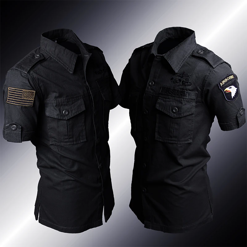 Short Sleeved Shirts Men Tactical T-shirt Spring Summer Workwear Cotton Vintage Shirt  Army Embroidery Pocket Cargo Tees