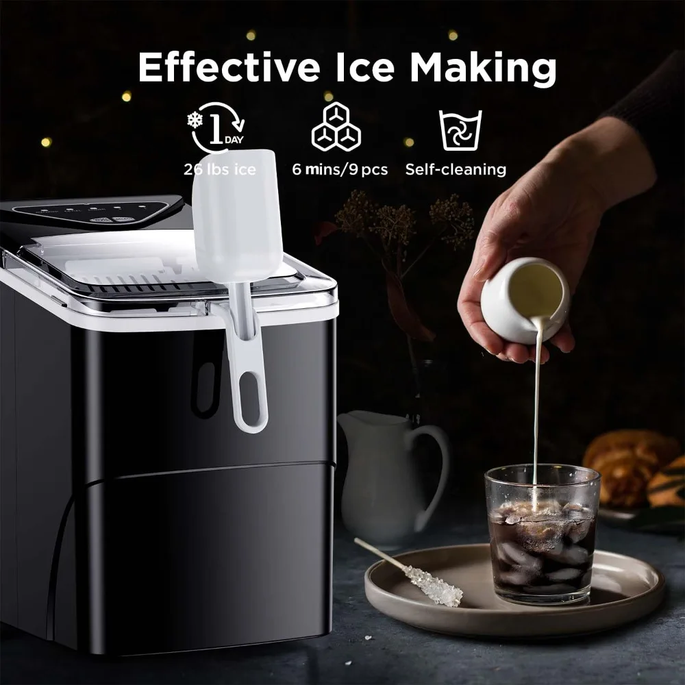 Controsoffitto Silonn Ice Maker, 9 cubi pronto in 6 minuti, 26 libbre in 24 ore, macchina per il ghiaccio autopulente con paletta per il ghiaccio e cestino