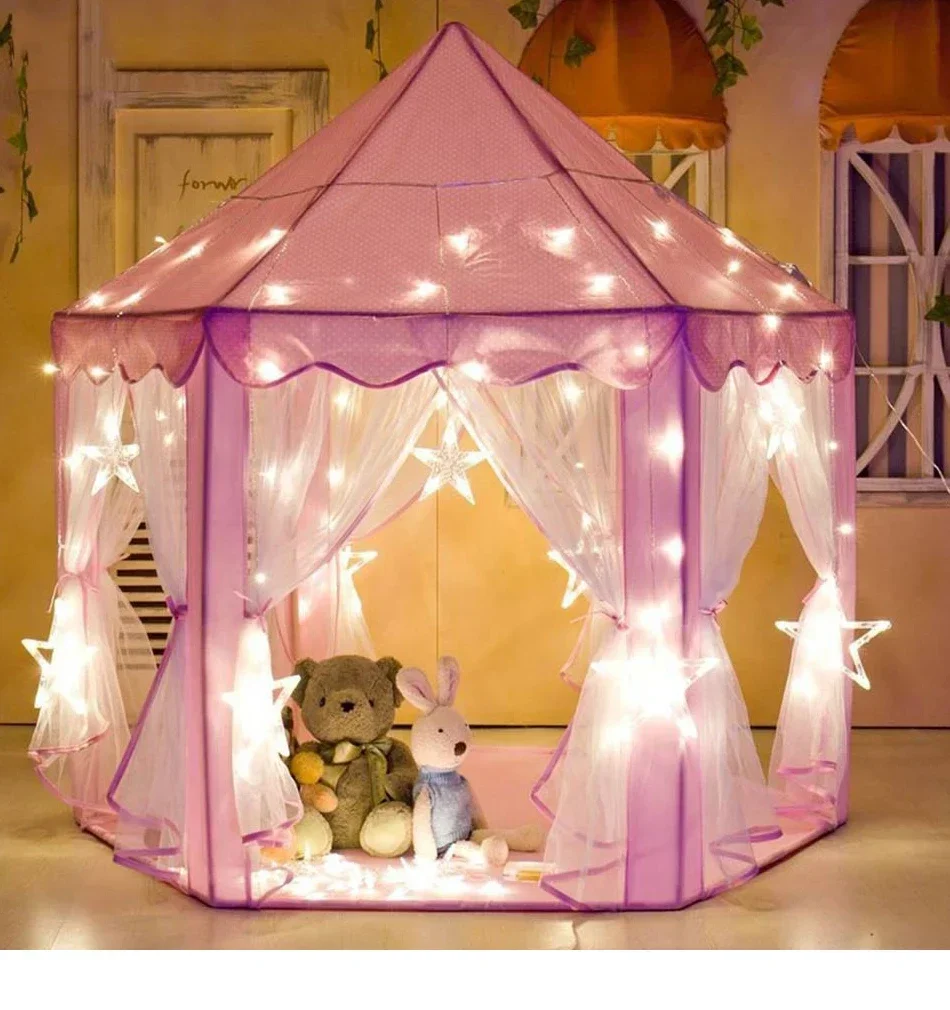 Children Small House Folding Playtent, Portable Kids Toy Tipi Tent, Princess Pink Girl Castle Play House