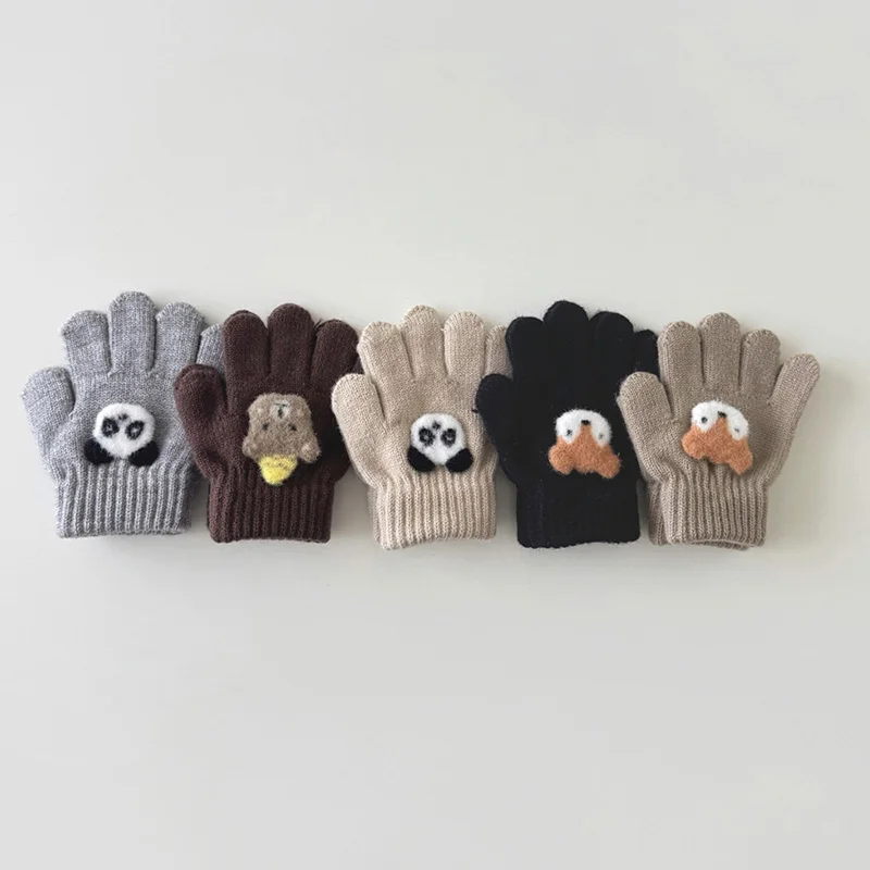 3-6 Years Children's Gloves Knitted Warm Cartoon Super Cute Five-finger Gloves Autumn Winter Solid Fashion Girls Boys Gloves