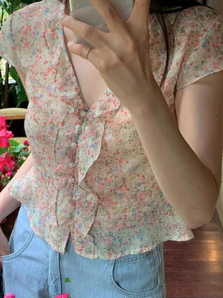 

2025 Camisas De Mujer Summer Chiffon Blouses Women's Clothing Ruffles V-neck Short Sleeve Shirts Single Breasted Print Crop Tops