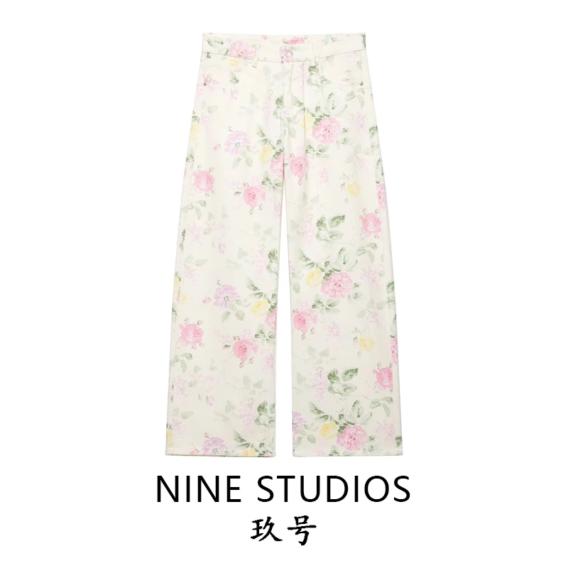 Loose Casual Low-Waist Wide-Leg Floral Denim Pants Long Trousers Women's Cotton Plant Floral Patterned Ladies Jeans