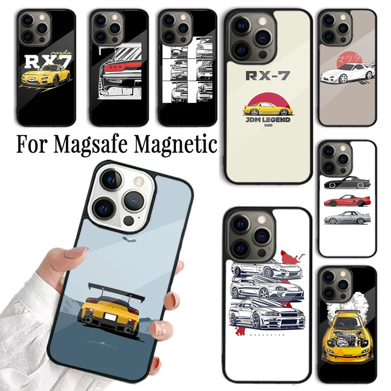 Coque Phone Case For iPhone 16 15 14 13 12 Mini 11 Pro Max Plus Magsafe Magnetic Wireless Charging Cover RX7 JDM Legends Cars