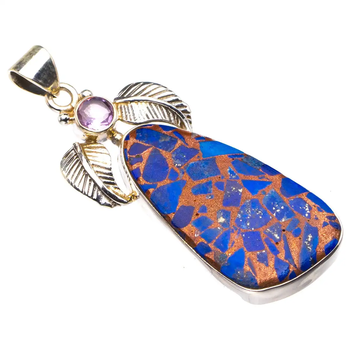 

Copper Chalcedony And Amethyst Leaf Handmade 925 Sterling Silver Pendant 2" D2374