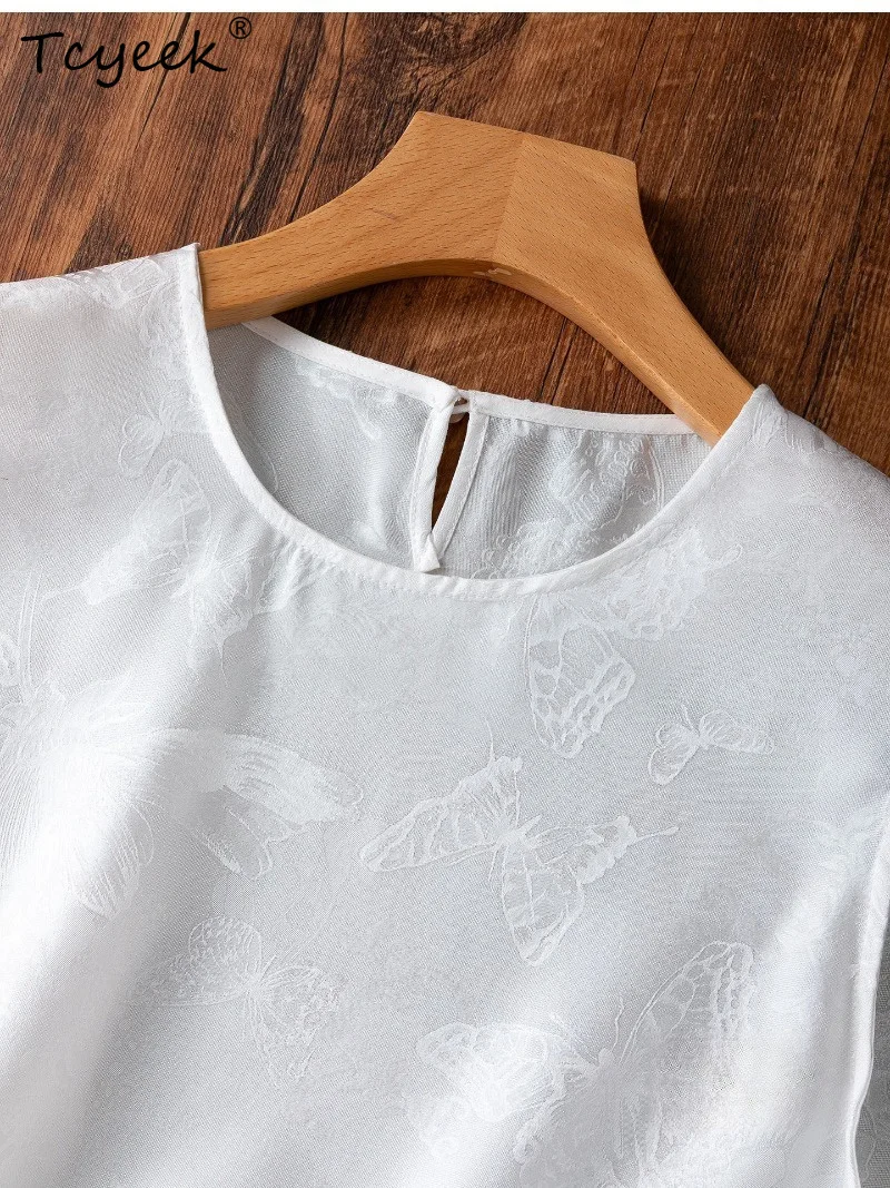 Tcyeek 100% Real Mulberry Silk Tanks Top 2026 Summer White High-end Simple Loose A-shaped Tops Clothing for Ladies Ropa De Mujer