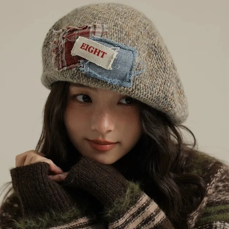 Japanese Autumn Versatile Big Head Patch Design Splicing Beret Women's Niche Trend Temperament Cloud Streetwear Painter Hat