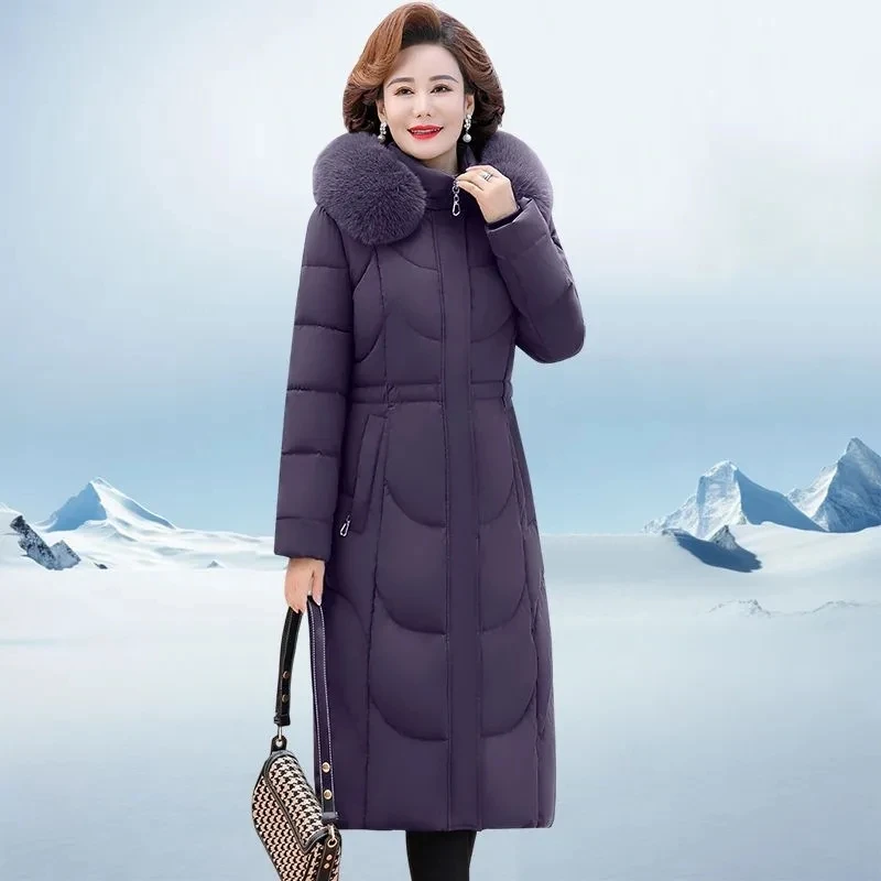 Quilted Extra Thick Long Parka Mom's Winter Parka Hooded Fur Collar Down Cotton Coat Mid-aged Elderly Women's Warm Jacket 8XL