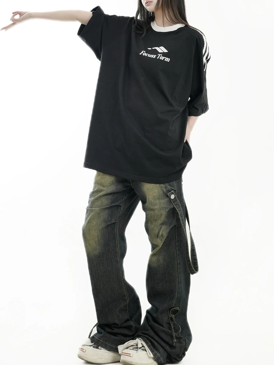 Curry Person American Retro Pleated Sa Flared Jeans Loose Street Sle ex Vintage Design Blue Denim l Waist Zipper