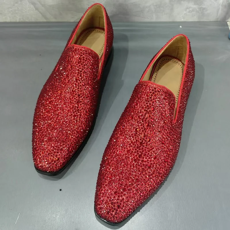 Red Rhinestone Loafers For Men Luxury Glitter Shoes Men Sequin Shoes Handmade Slip On Mens Dress Shoes Party Wedding Shoes