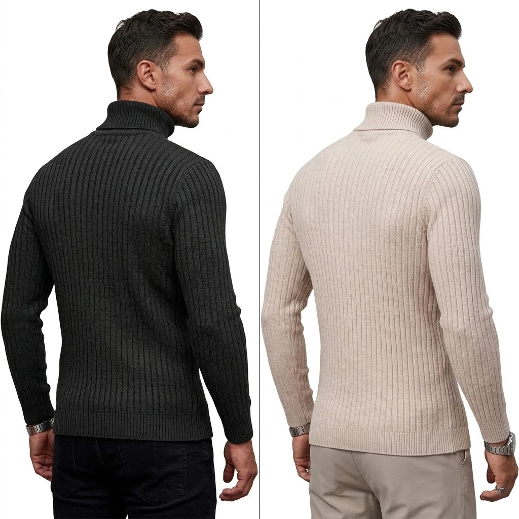 Neuer Herren-Rollkragenpullover, lässiger Zopfstrickpullover, hoher Kragen, lange Ärmel, warme Winterpullover für Männer, schmal geschnittene Oberteile. – Detail 4