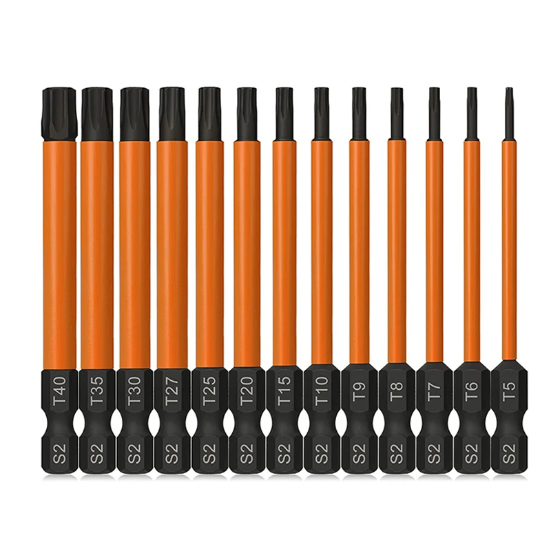 13Pcs 75mm Security Torx Bit Set T5-T40 Tamper Resistant Star Bits Set 1/4 Inch Hex Shank S2 Steel Screwdriver Bit with Magnetic