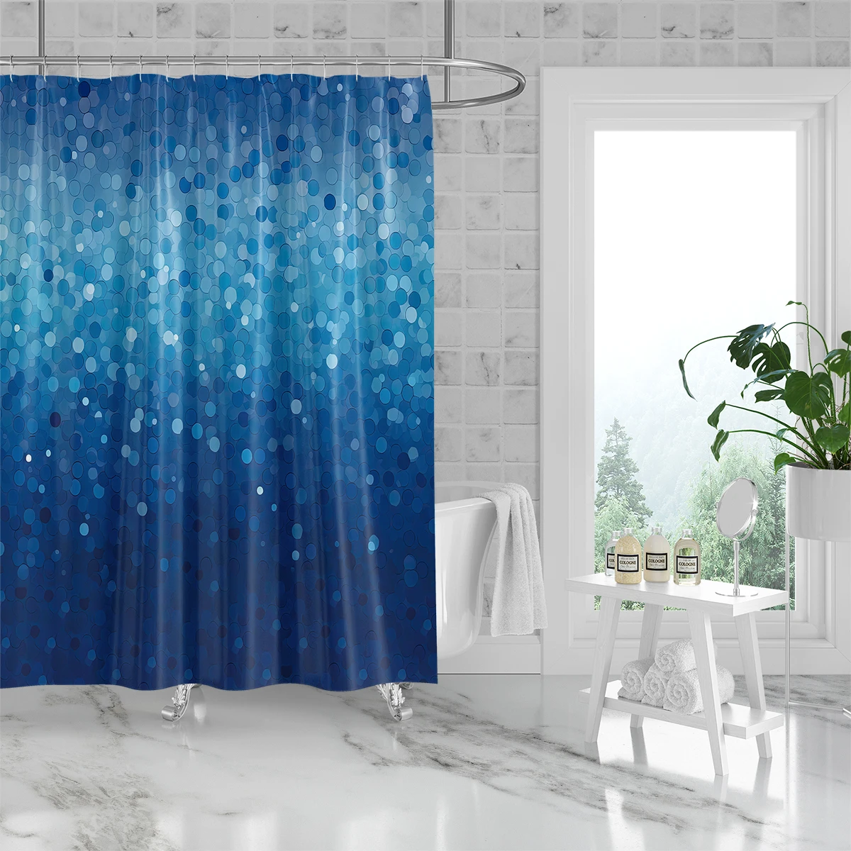 1pc, 180x180cm polyester shower curtain, mildew-proof, waterproof, perforated with hooks, anti-pilling, gradient blue dots