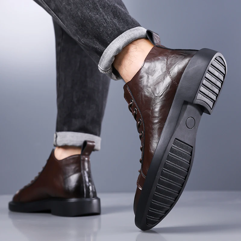 Men British Retro Mid-top Leather Boots Spring Autumn, Round Toe Lace-up Soft Sole Non-slip Durable Outdoor Work Casual Footwear