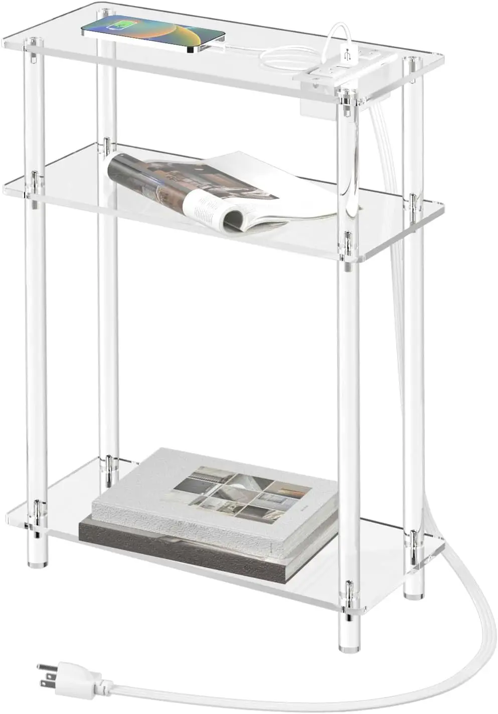 

Acrylic Narrow Side Table with Charging Station, 7" Width, 3 Tier Small End Table for Small Spaces